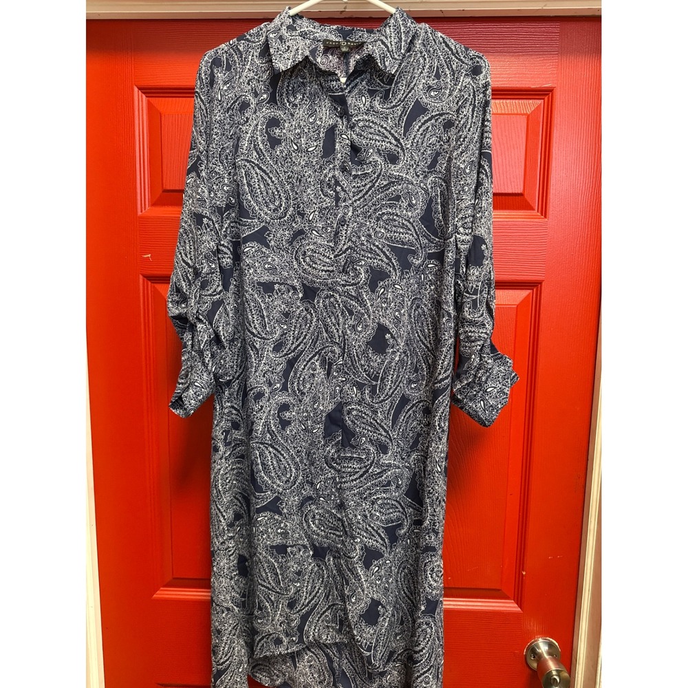 Fred David Navy Blue White Paisley Button Front High Low Shirt Dress Small